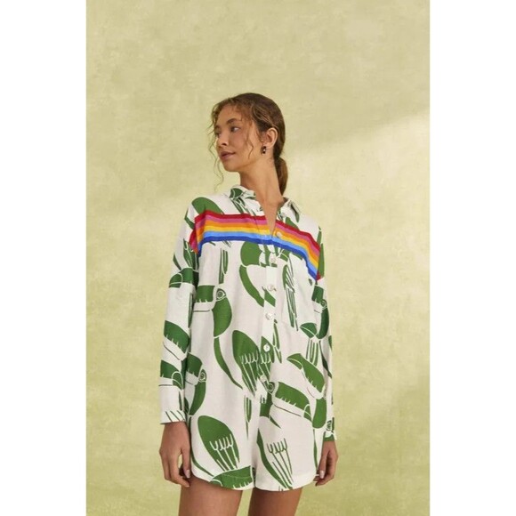 Farm Rio Pants - Farm Rio Anthropologie Toucan Rainbow Romper Linen Blend Long Sleeves Size Large